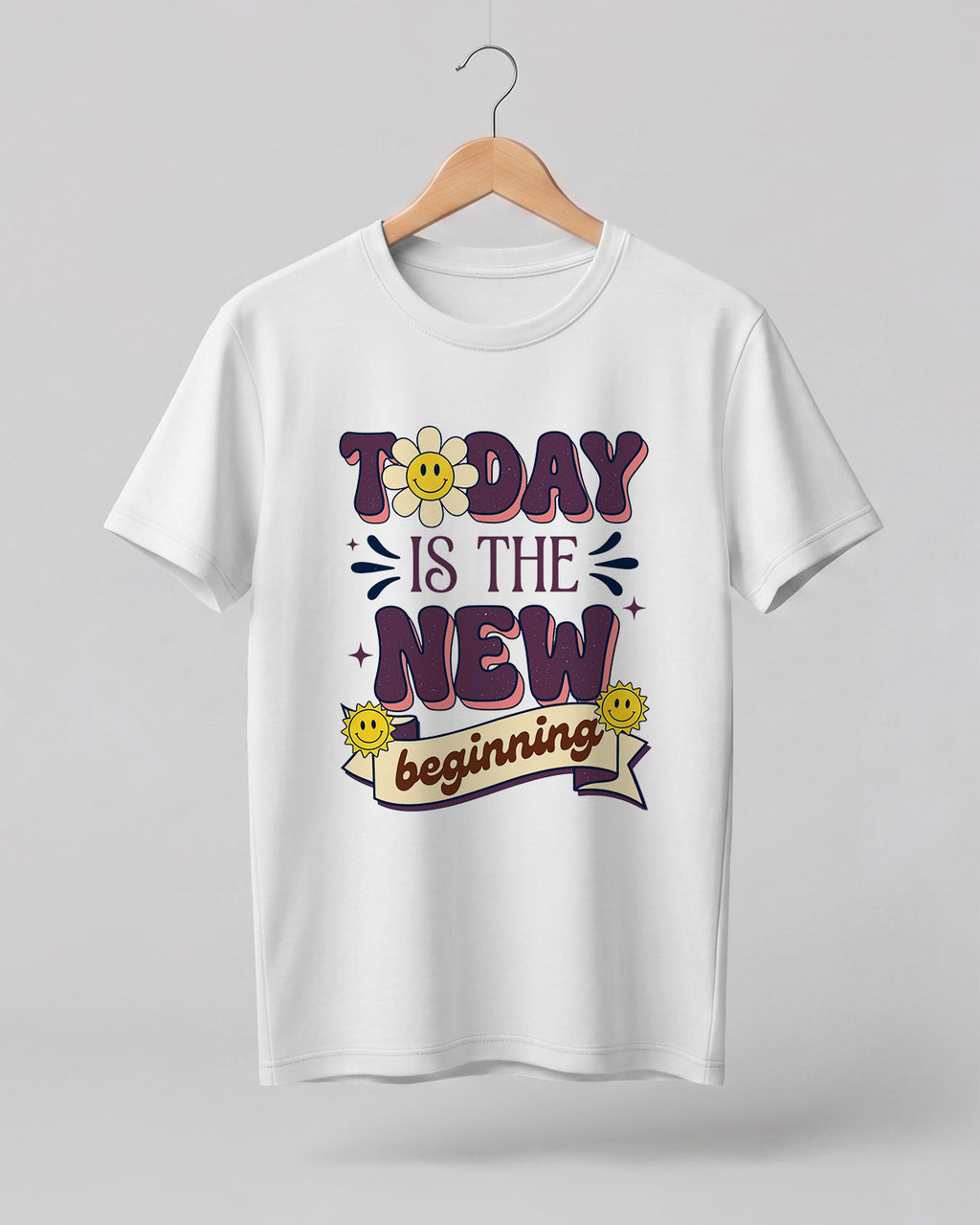 Motivational graphic half sleeve t-shirt featuring Today Is The New Beginning typography design with smiley artwork on premium cotton fabric