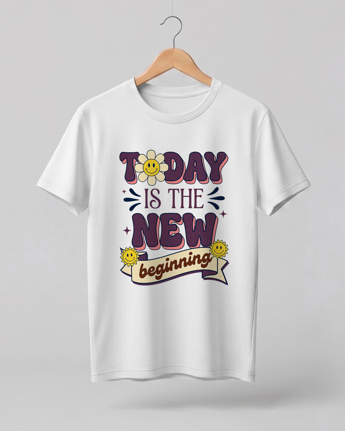 Motivational graphic half sleeve t-shirt featuring Today Is The New Beginning typography design with smiley artwork on premium cotton fabric