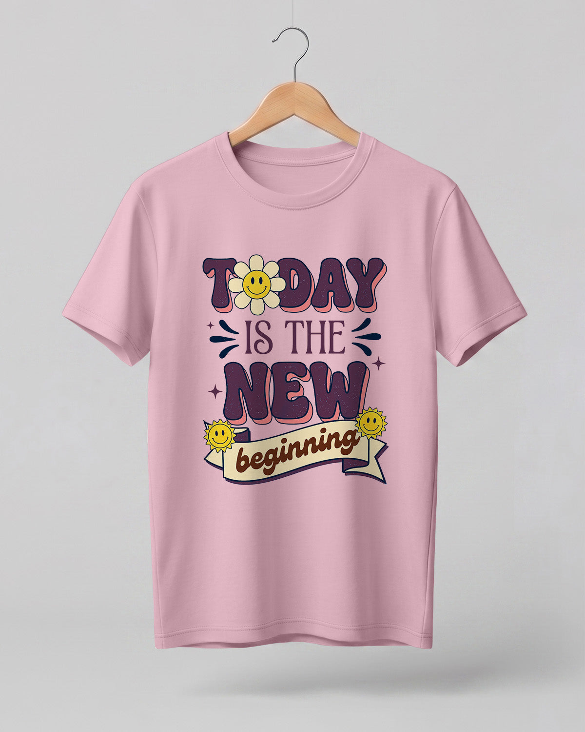 Motivational graphic half sleeve t-shirt featuring Today Is The New Beginning typography design with smiley artwork on premium cotton fabric