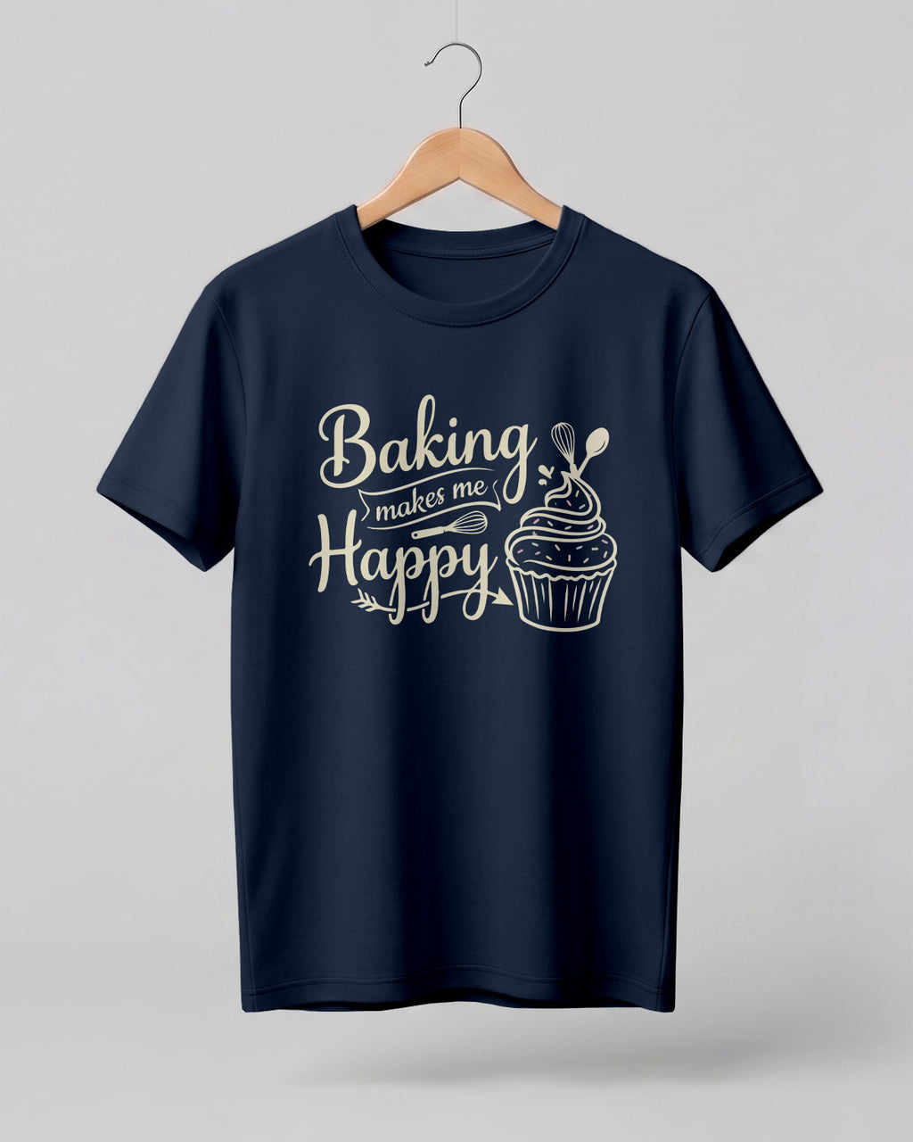 Foodie graphic half sleeve t-shirt featuring “Baking Makes Me Happy” typography with cupcake and whisk illustration printed on premium cotton fabric.