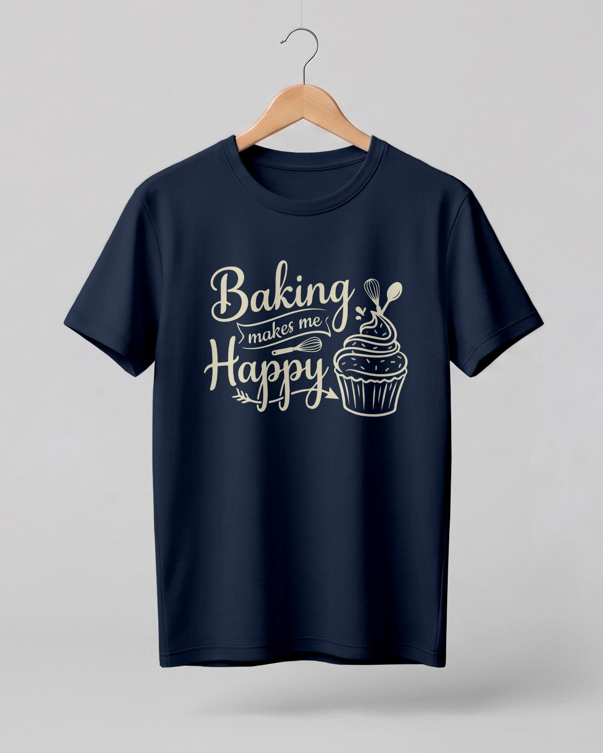 Foodie graphic half sleeve t-shirt featuring “Baking Makes Me Happy” typography with cupcake and whisk illustration printed on premium cotton fabric.