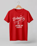 Motivational sports graphic half sleeve t-shirt featuring “Badminton Makes Me Happy” typography with badminton player illustration printed on premium cotton fabric.