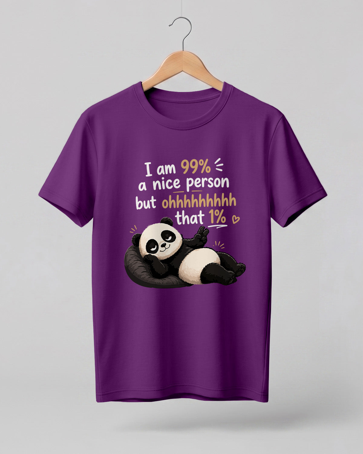 Sarcasm niche half sleeve round neck t-shirt featuring “99% Nice Person” print with relaxed panda illustration.