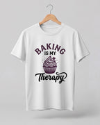 Foodie graphic half sleeve t-shirt featuring “Baking Is My Therapy” typography with cupcake illustration printed on premium cotton fabric.