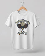Motivational sports graphic half sleeve t-shirt featuring “Badminton Smash It!” typography with crossed racket and shuttlecock design printed on premium cotton fabric.