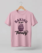 Foodie graphic half sleeve t-shirt featuring “Baking Is My Therapy” typography with cupcake illustration printed on premium cotton fabric.