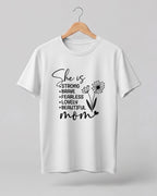 Inspirational mom graphic half sleeve t-shirt with “Strong, Brave, Fearless, Lovely, Beautiful Mom” typography design