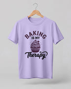 Foodie graphic half sleeve t-shirt featuring “Baking Is My Therapy” typography with cupcake illustration printed on premium cotton fabric.