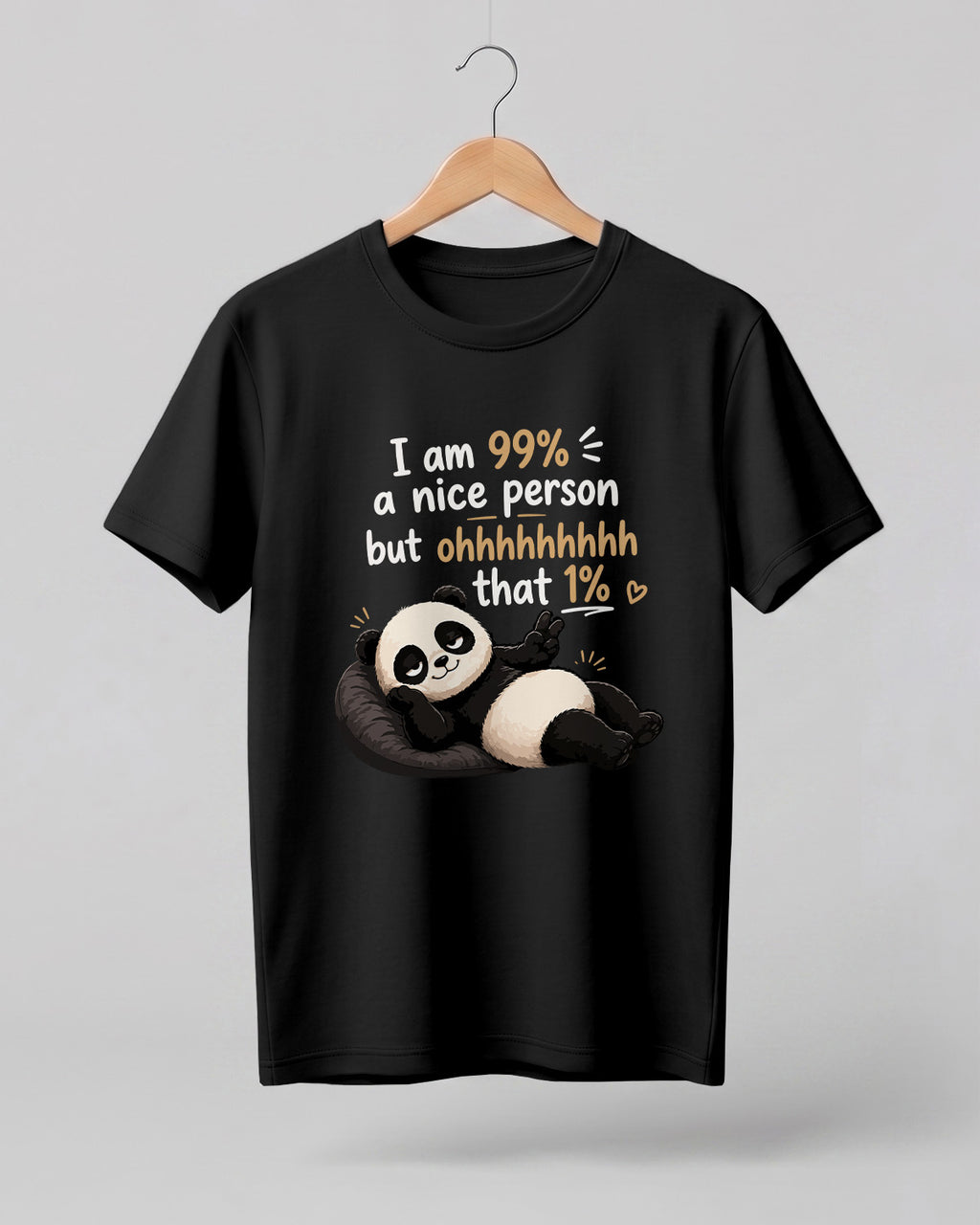 Sarcasm niche half sleeve round neck t-shirt featuring “99% Nice Person” print with relaxed panda illustration.