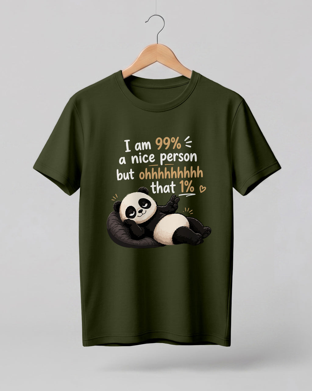 Sarcasm niche half sleeve round neck t-shirt featuring “99% Nice Person” print with relaxed panda illustration.