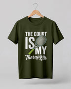 Motivational sports graphic half sleeve t-shirt featuring “The Court Is My Therapy” typography with badminton racket and shuttlecock design printed on premium cotton fabric.