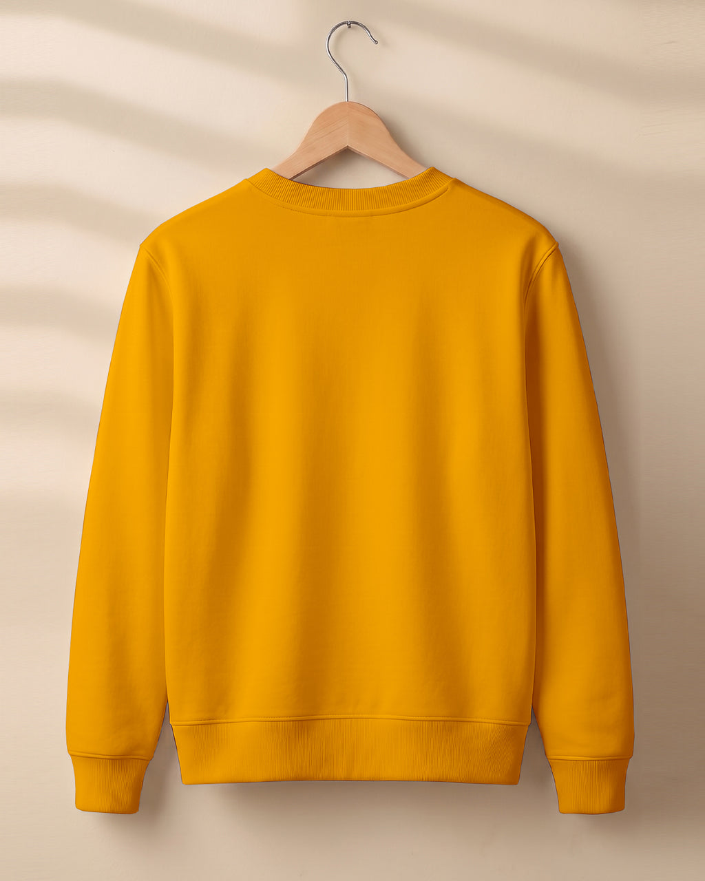 Golden yellow plain solid sweatshirt regular fit made from 320 GSM cotton fleece, bio‑washed & pre‑shrunk, with derby ribbed hem & cuffs.