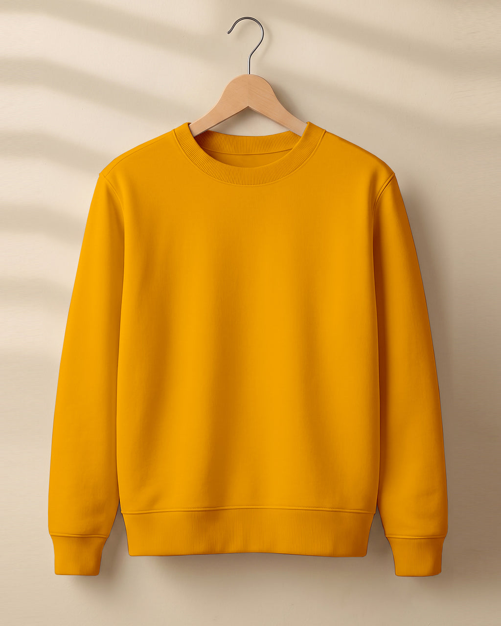 Golden yellow plain solid sweatshirt regular fit made from 320 GSM cotton fleece, bio‑washed & pre‑shrunk, with derby ribbed hem & cuffs.