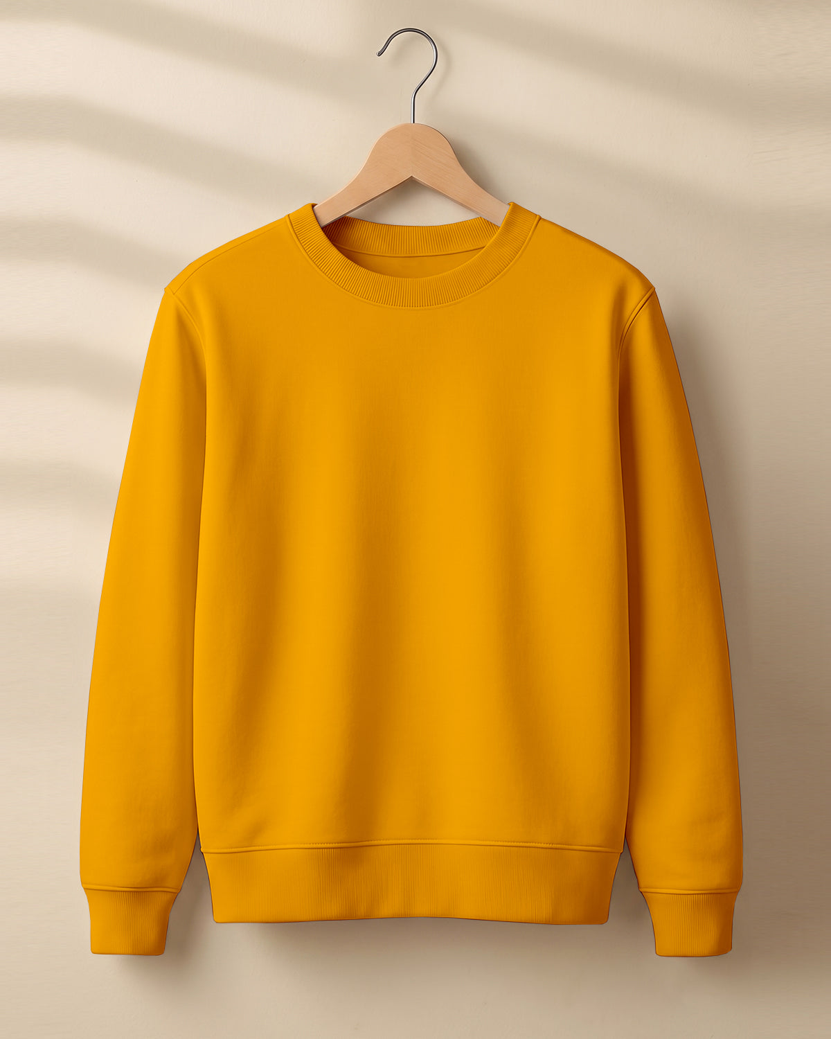 Golden yellow plain solid sweatshirt regular fit made from 320 GSM cotton fleece, bio‑washed & pre‑shrunk, with derby ribbed hem & cuffs.