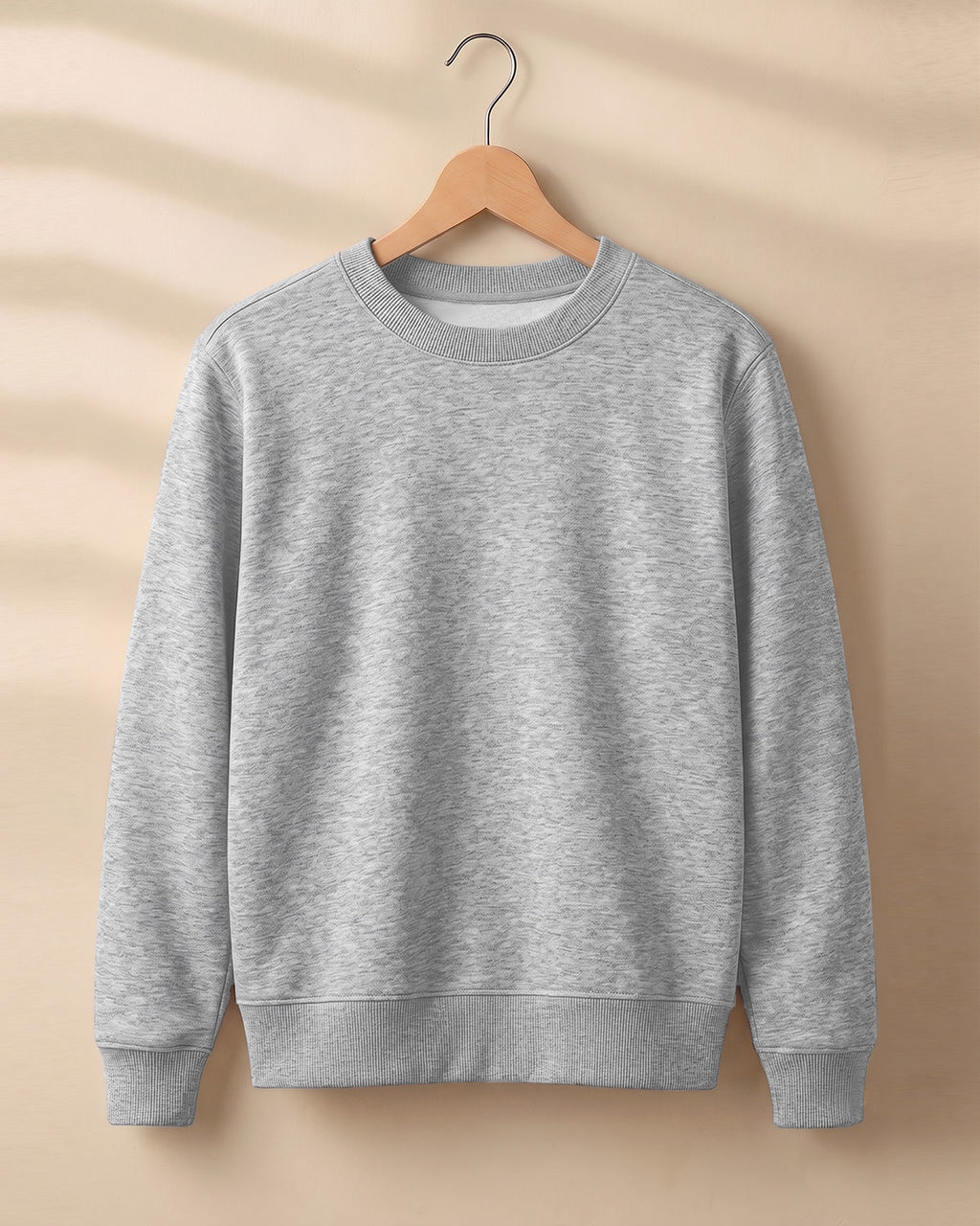 Melange Grey plain solid sweatshirt regular fit made from 320 GSM cotton fleece, bio‑washed & pre‑shrunk, with derby ribbed hem & cuffs.