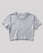 Grey Melange plain crop top made from premium cotton, 180 GSM yarn, biowashed for softness and durability.