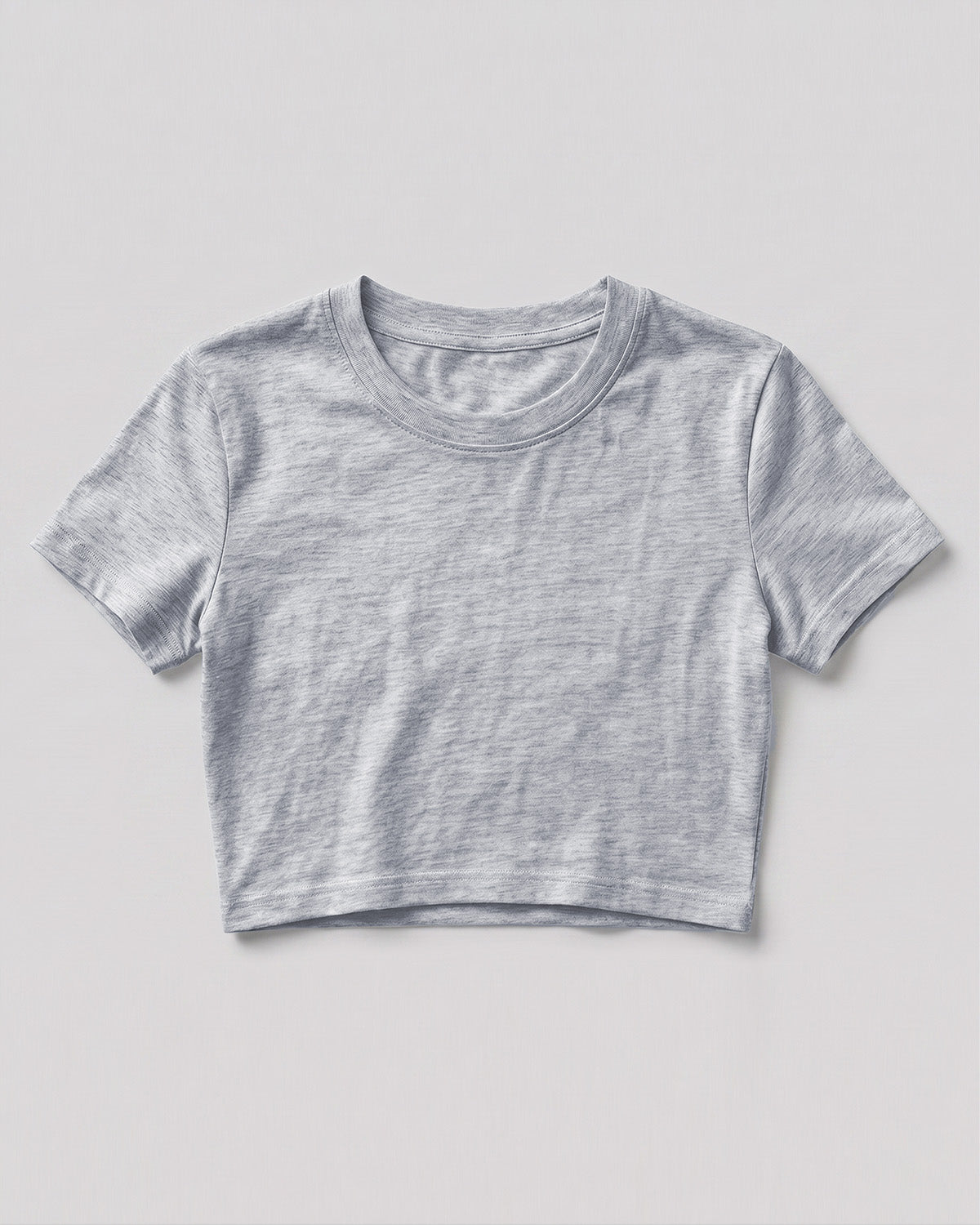 Grey Melange plain crop top made from premium cotton, 180 GSM yarn, biowashed for softness and durability.
