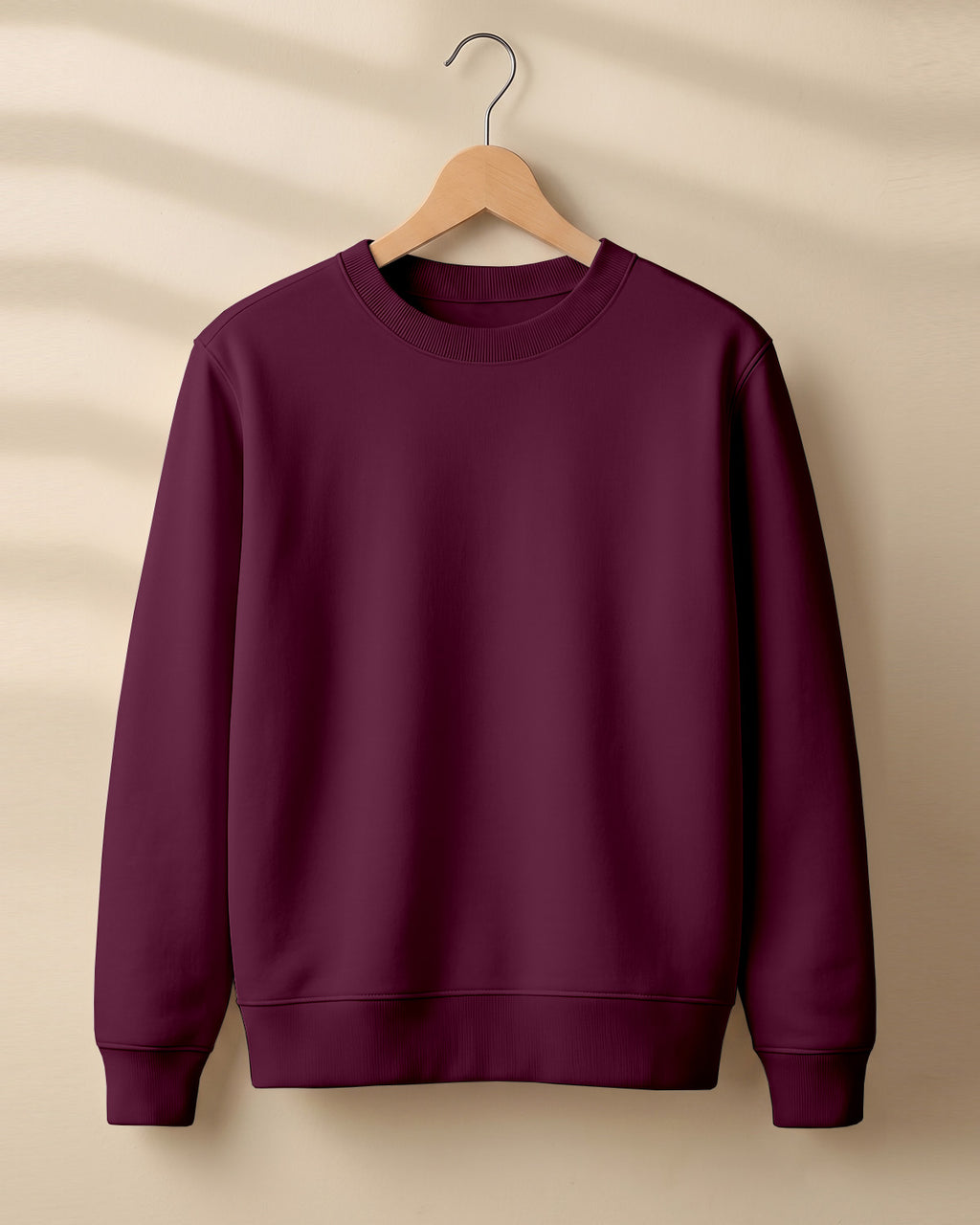 Maroon plain solid sweatshirt regular fit made from 320 GSM cotton fleece, bio‑washed & pre‑shrunk, with derby ribbed hem & cuffs.