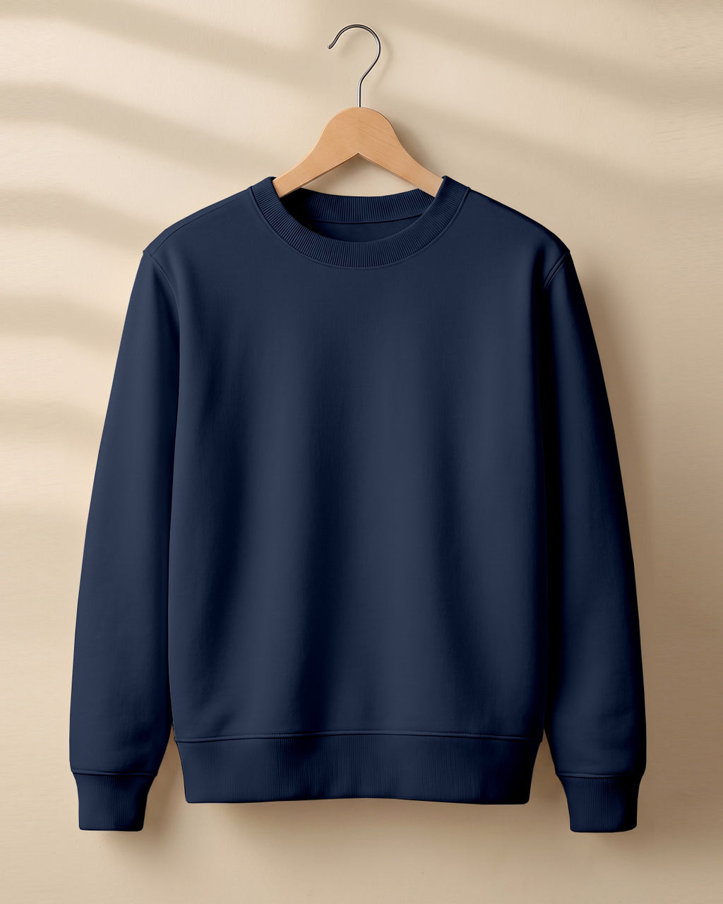 Navy Blue plain solid sweatshirt regular fit made from 320 GSM cotton fleece, bio‑washed & pre‑shrunk, with derby ribbed hem & cuffs.