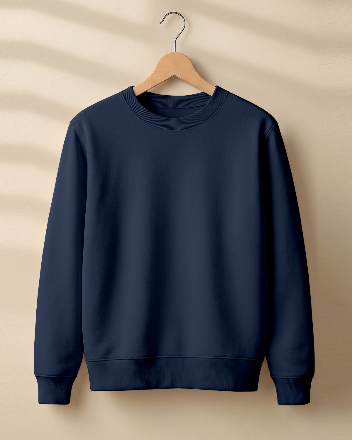 Navy Blue plain solid sweatshirt regular fit made from 320 GSM cotton fleece, bio‑washed & pre‑shrunk, with derby ribbed hem & cuffs.