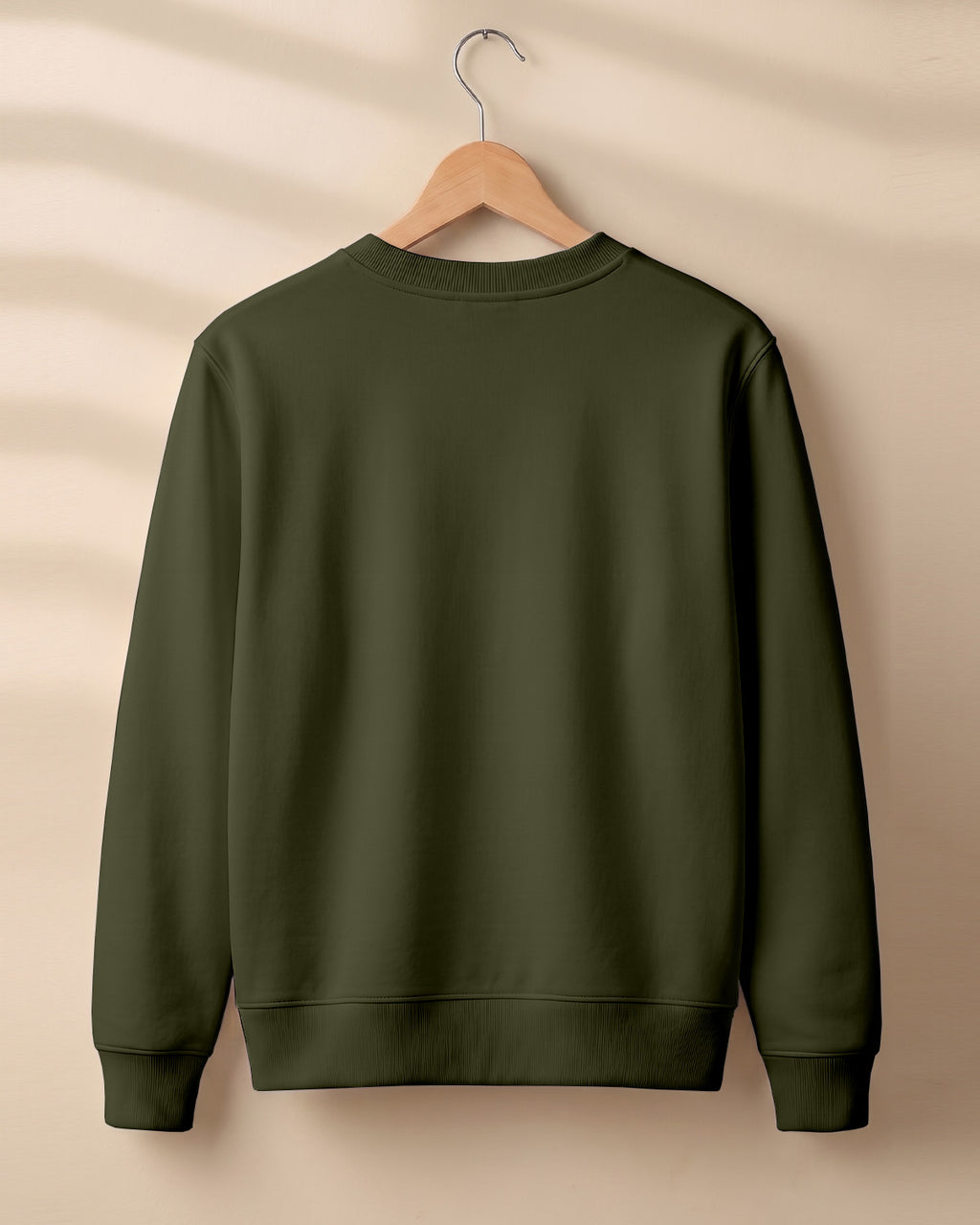 Olive green plain solid sweatshirt regular fit made from 320 GSM cotton fleece, bio‑washed & pre‑shrunk, with derby ribbed hem & cuffs.