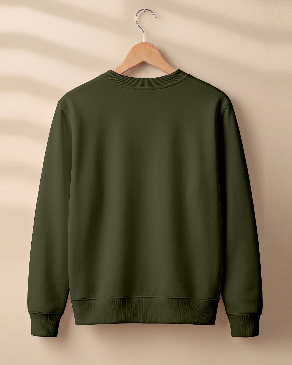 Olive green plain solid sweatshirt regular fit made from 320 GSM cotton fleece, bio‑washed & pre‑shrunk, with derby ribbed hem & cuffs.