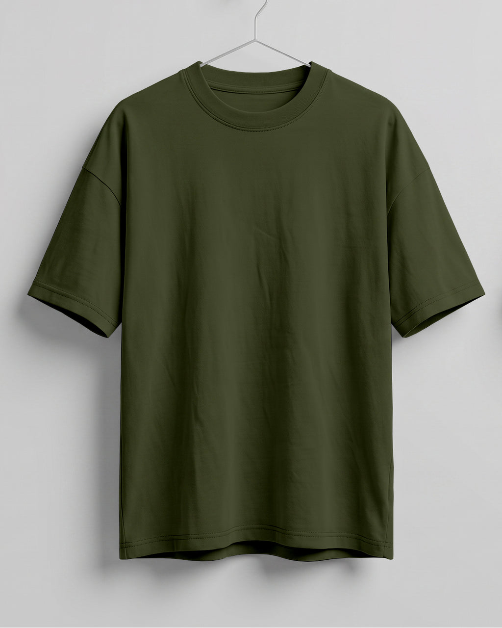 Olive Green oversized plain half sleeve round neck t-shirt made from premium cotton 180 GSM red label yarn, biowashed for softness.