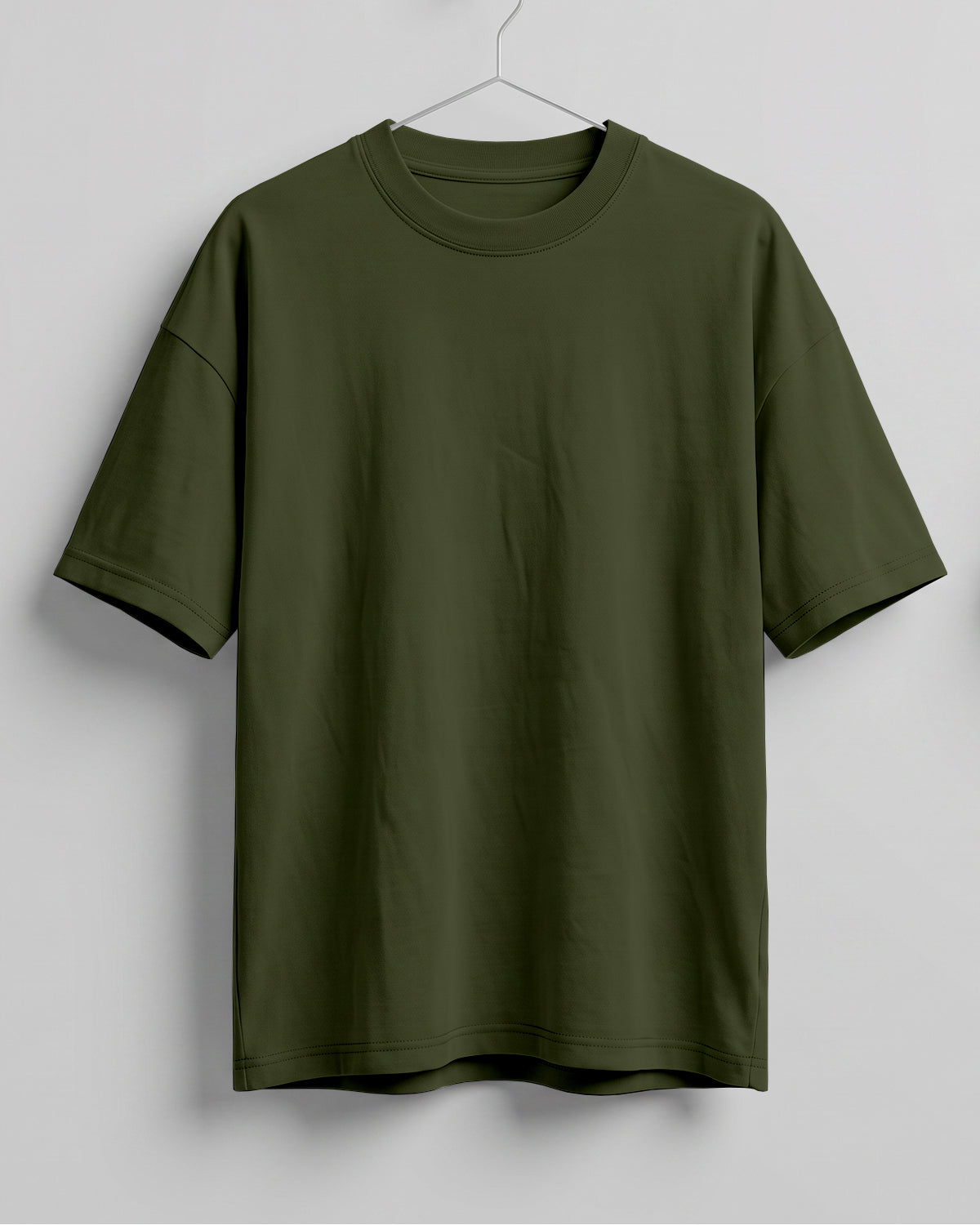 Olive Green oversized plain half sleeve round neck t-shirt made from premium cotton 180 GSM red label yarn, biowashed for softness.