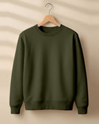 Olive green plain solid sweatshirt regular fit made from 320 GSM cotton fleece, bio‑washed & pre‑shrunk, with derby ribbed hem & cuffs.