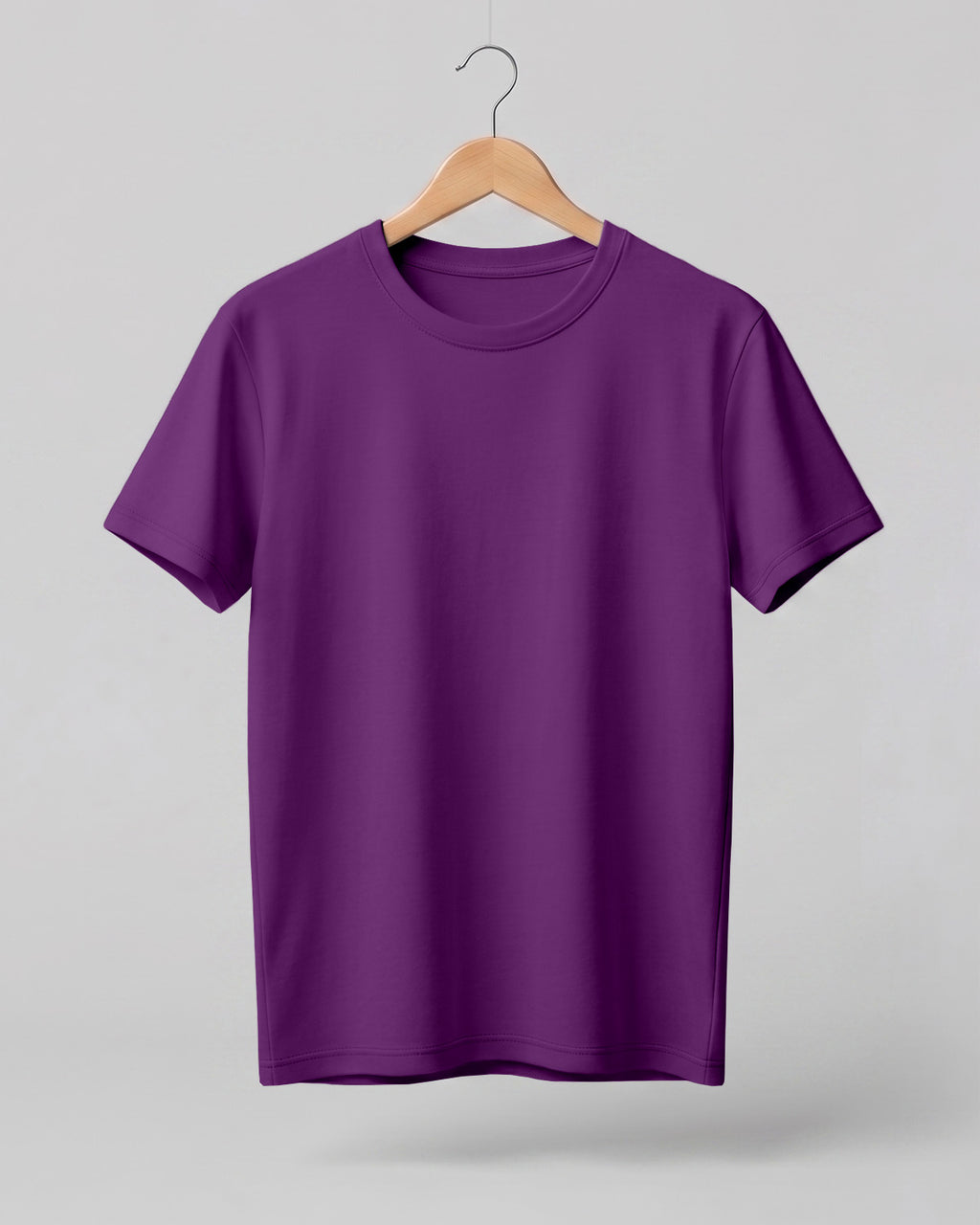 Purple plain half sleeve round neck t-shirt made from premium cotton, 180 GSM red label yarn, biowashed for softness and durability.